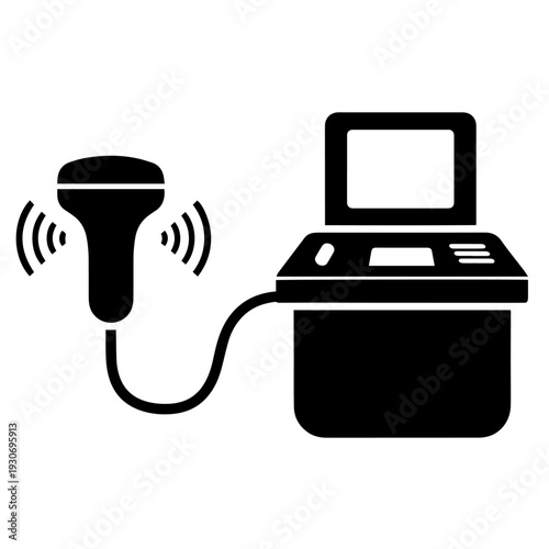 Doppler Machine Black and White Vector Icon Ultrasound Diagnostic Device Line Art Illustration for Vascular Imaging Cardiology Medical Diagnostics and Healthcare Use