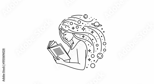 Woman with flowing cosmic hair reads an open book
