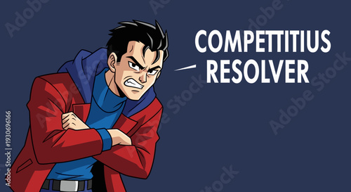 Cartoon man with aggressive expression and speech bubble saying Compettitius Resolver