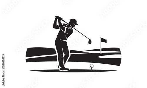 Stylized Golf Player Silhouette Swinging Club on Golf Course