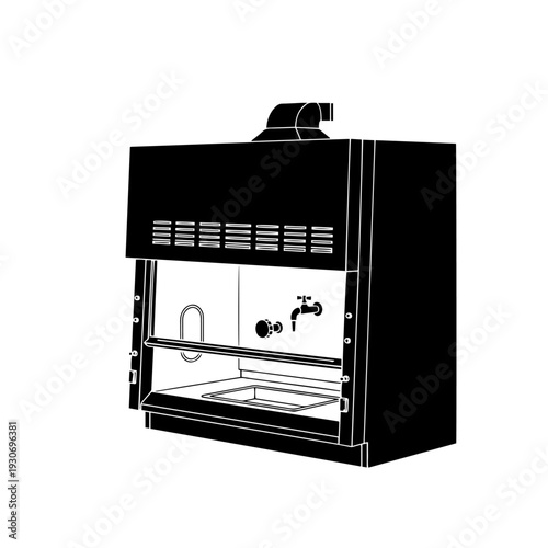 Professional laboratory fume hood black and white vector icon designed in clean outline style representing a chemical safety cabinet