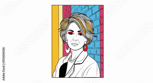 Woman with striking makeup and bold jewelry poses against a colorful brick wall