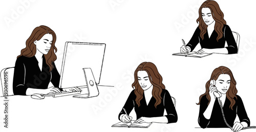 Woman working at desk, writing, and on the phone