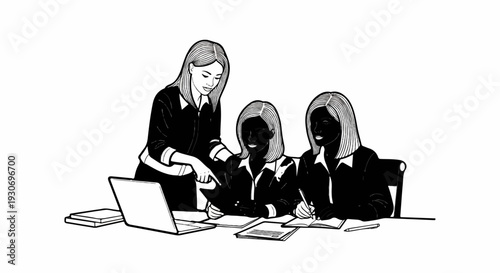 Women in office collaborating on laptop and documents