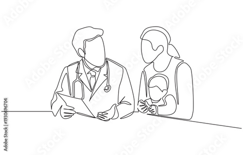 Continuous one line drawing of doctor provides guidance while mother of sick baby listen attentively, pediatric consultation concept, single line art.