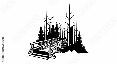 Wooden bridge crosses a forest of trees in a stark black and white depiction