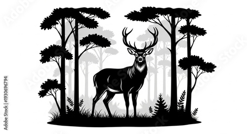 Deer Standing in Forest Silhouette.