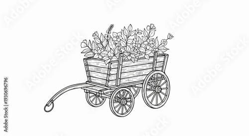 Wooden cart overflowing with various blooming flowers and foliage