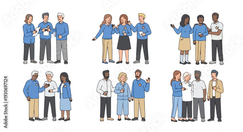Illustration of diverse people in various poses on World Autism Awareness Day, promoting understanding and acceptance with a flat design style and a calm mood against a clean white background.