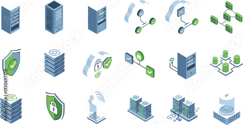 Set of isometric cloud computing and cybersecurity icons with a modern, clean style. Digital security, data protection, IT infrastructure concept.