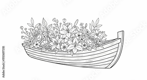 Wooden boat overflowing with a lush arrangement of detailed floral blooms