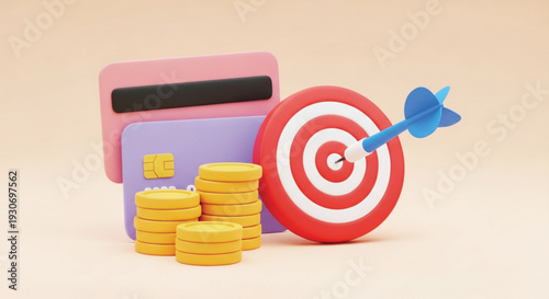 Credit cards with stack of gold coins and target with dart in center, representing financial goals, investment, savings, and strategic payment planning