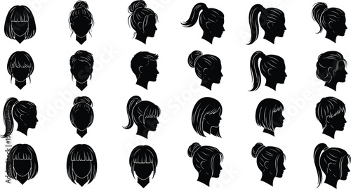 Black hairstyle silhouette collection, modern haircut icons, fashion hair design set, beauty salon graphics, trendy haircuts vector illustration