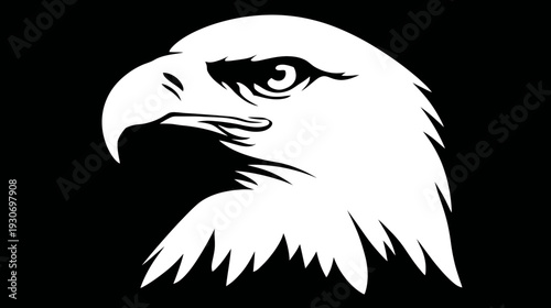 A white silhouette of an eagle's head, facing left, with detailed feathers on a black background