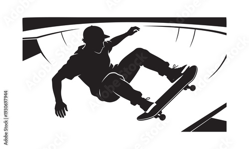 Skateboarder performing a trick in a skatepark bowl silhouette, extreme sports vector illustration