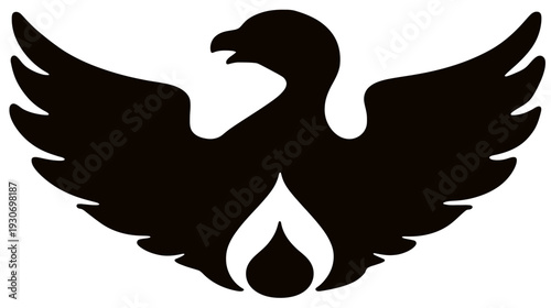 A silhouette of a bird with outstretched wings, resembling a fiery creature