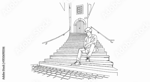 Young man sits alone on stone steps outside an old building