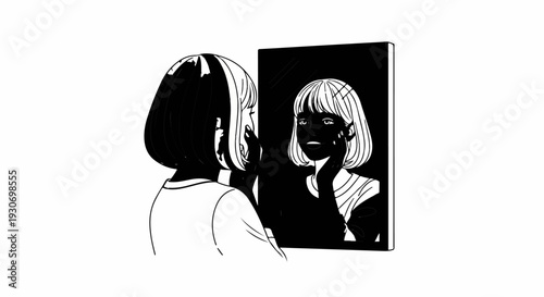 Young person examining their reflection in a mirror, with a smile