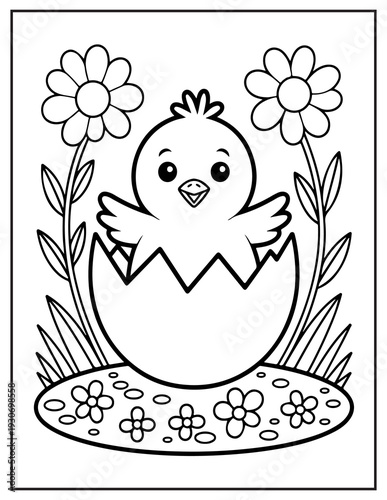Baby chick hatching from an egg surrounded by flowers
