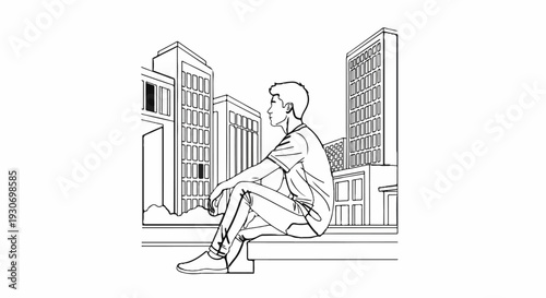 Young person in casual clothes looking out at city buildings