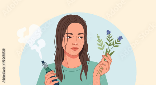 Young woman holding vape device and lavender flowers with smoke