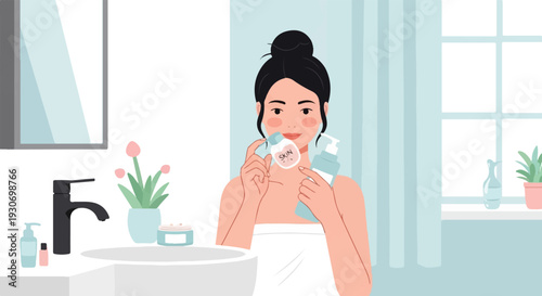 Young woman in a bathroom with skincare products, a sink, and a window