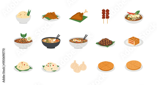 Indonesian Food Illustration Set, Traditional Cuisine Flat Vector Icons: Nasi Goreng, Rendang, Satay, Gado-Gado, Mie Goreng, Bakso, Pempek, and Martabak Manis