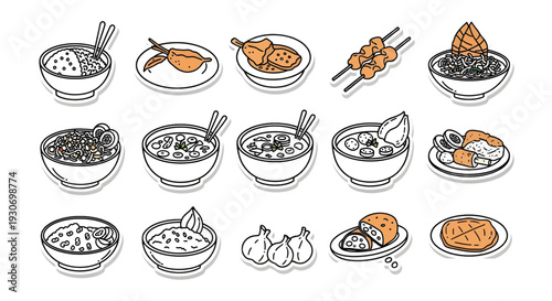 Indonesian Food Icons Set Vector, Traditional Asian Cuisine Stickers Flat Illustration