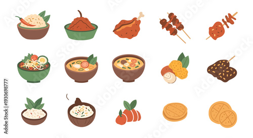 Indonesian Food Illustration Set: Nasi Goreng, Rendang, Satay, and Traditional Cuisine Vector Icons