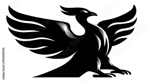 A stylized black bird symbol with outstretched wings, poised with a graceful, dynamic posture
