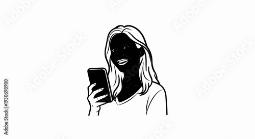 Young woman with long hair smiles as she holds and looks at her smartphone