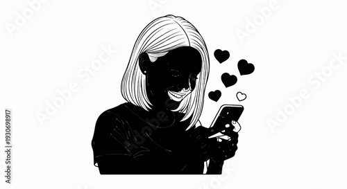 Young woman with short blonde hair smiles while looking at her phone
