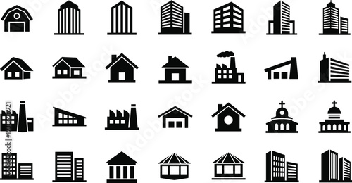 Building silhouettes, urban architecture icons, rural structures, industrial factories, residential houses, office skyscrapers, barns, churches, government courthouse, gazebo, warehouses