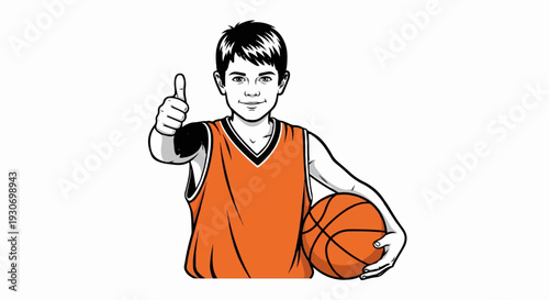 Youthful boy in orange jersey gives a thumbs-up with a basketball