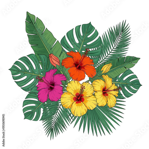 Tropical floral arrangement featuring vibrant hibiscus flowers and lush green foliage, perfect for summer and exotic themes