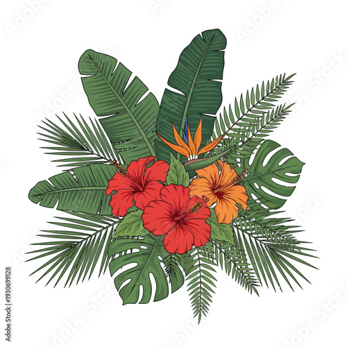 Vibrant tropical floral bouquet featuring exotic hibiscus blooms, lush palm leaves, and a striking bird of paradise flower, perfect for summer designs and invitations