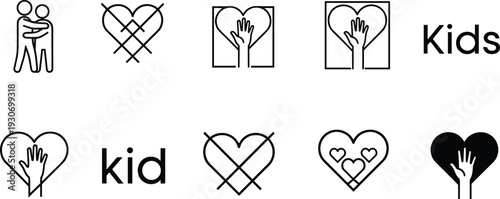 Children care icons, heart and hand symbols, kids love logo design, child welfare support, charity, family protection, compassion, kindness, unity