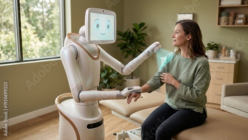 Friendly robot assistant provides healthcare support to a woman in a modern clinic environment