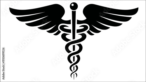 A black and white depiction of a medical symbol with wings and a snake intertwined on a staff