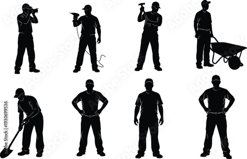 Construction workers silhouettes, surveyor, drilling, hammering, wheelbarrow, shoveling, teamwork, labor force, industrial site, heavy tools, building industry, workforce diversity