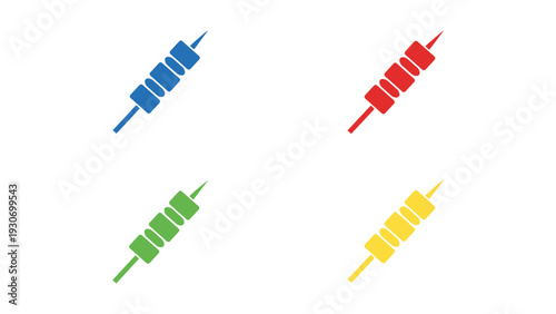 Four different colored electronic resistors with distinct band markings
