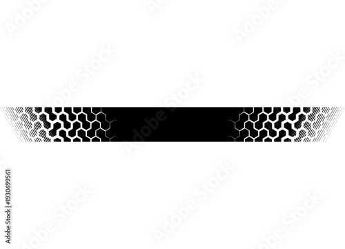 Vector text strip black on white with abstract honeycombs on the edges. Modern design element. Pattern. Abstract technological vector background for covers, advertising, packaging. Mosaic, clusters, p