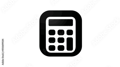 A modern black and white calculator icon. Features display and key layout within a rounded rectangle