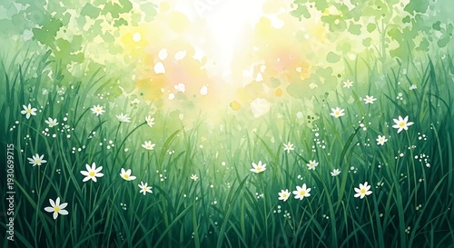 Watercolor Spring Meadow Background with Green Grass, White Flowers and Soft Sunlight