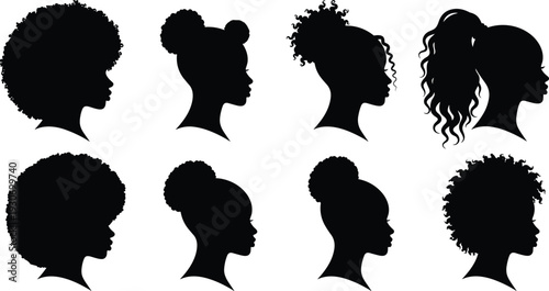 Silhouette hairstyle collection, afro puff, curly ponytail, natural hair diversity, textured bun styles, black profile icons, beauty fashion illustration