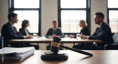 Gavel on desk in courtroom. blurred lawyers or business people meeting in background. legal justice concept