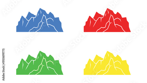 Four stylized mountain ranges in different vibrant colors