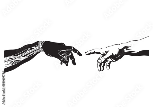 Artificial Intelligence and Human Connection Vector Illustration of Robot and Human Hands Reaching Out in Michelangelo Creation of Adam Style