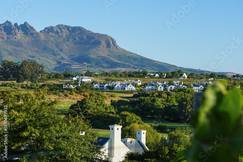 Canvastavla South Africa,Winery in Stellenbosch ,A scenic view of a rural settlement with white houses nestled among green fields and trees, set against a backdrop of a large mountain under a clear blue sky