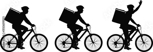 Delivery cyclist silhouette, food courier riding bicycle, helmet safety, courier waving hand, urban delivery service, fast transport, logistics concept